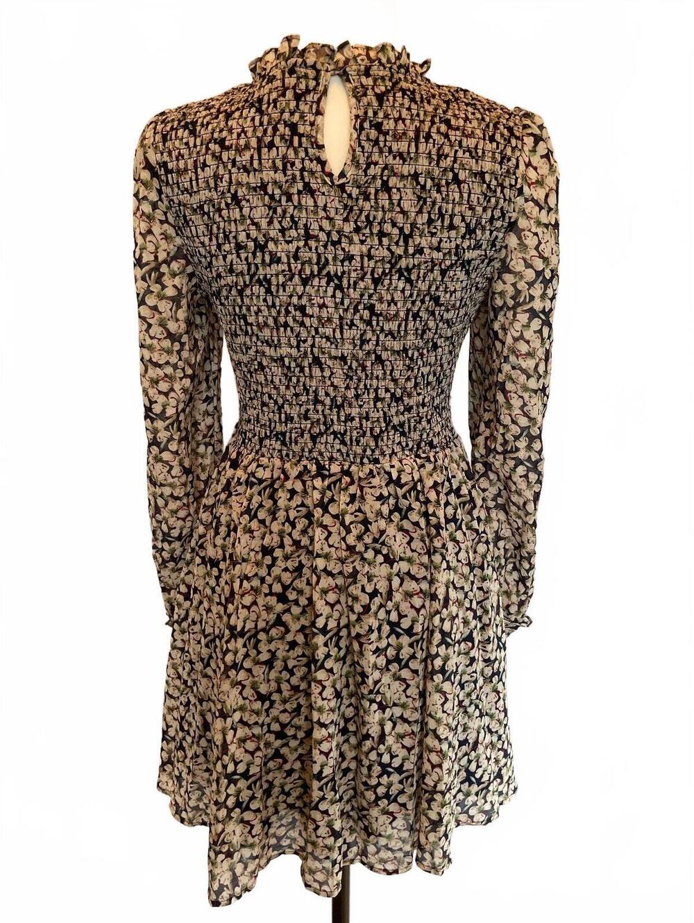Lulus Floral Forever Navy Blue Beige Smocked Long Sleeve Mini Dress Medium - Picture 5 of 9